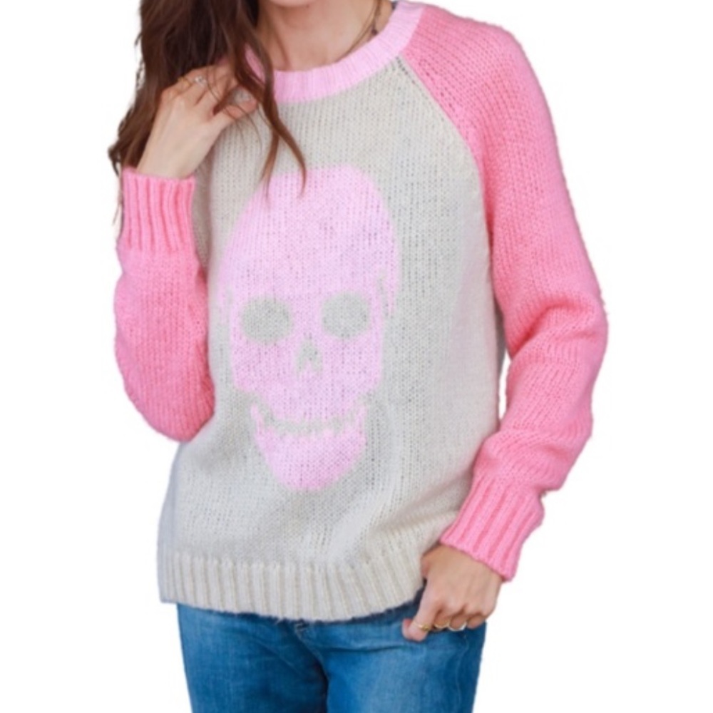 Wooden Ships Pink Skull Sweater Medium / Large Mohair Colorblock Raglan Sleeves